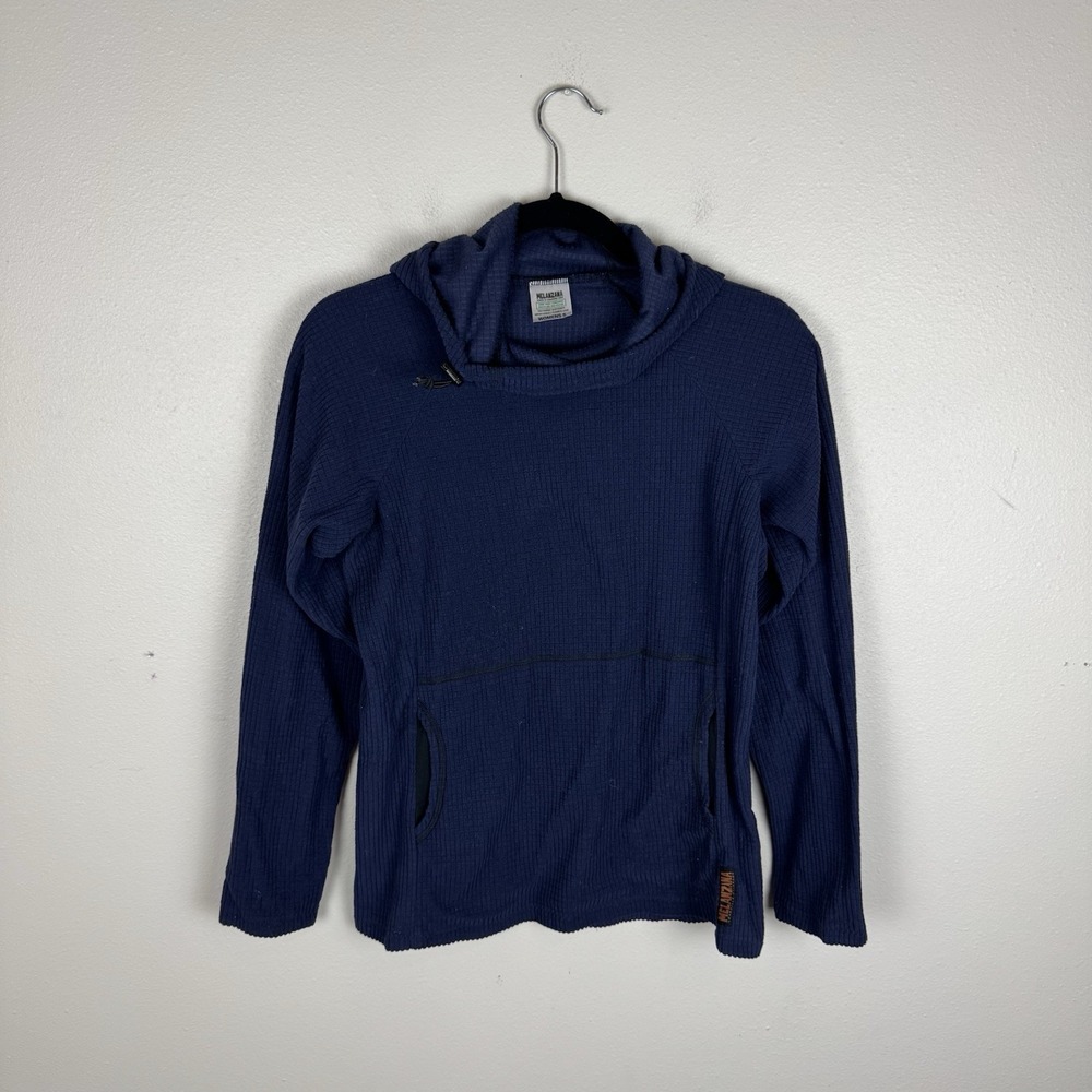 Melanzana Womens Micro Grid Hoodie Solid Navy Blue Pullover Fleece Size Small